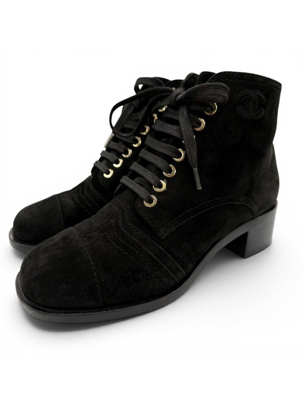 Chanel CC Logo Embroidery Shearling Boots Ankle Black